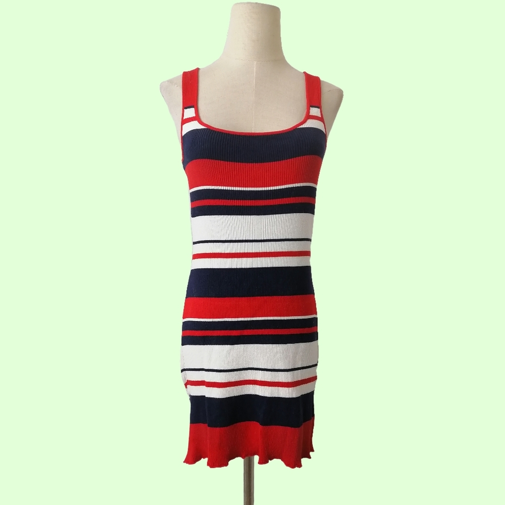 red, white and blue knit striped mididress